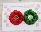SALE Year End CLEARANCE 2 Pack Red & Green Flower Clip Set-Alligator Hair CLIP- Holiday Gifts - Stocking Stuffer - Christmas Hair Clips