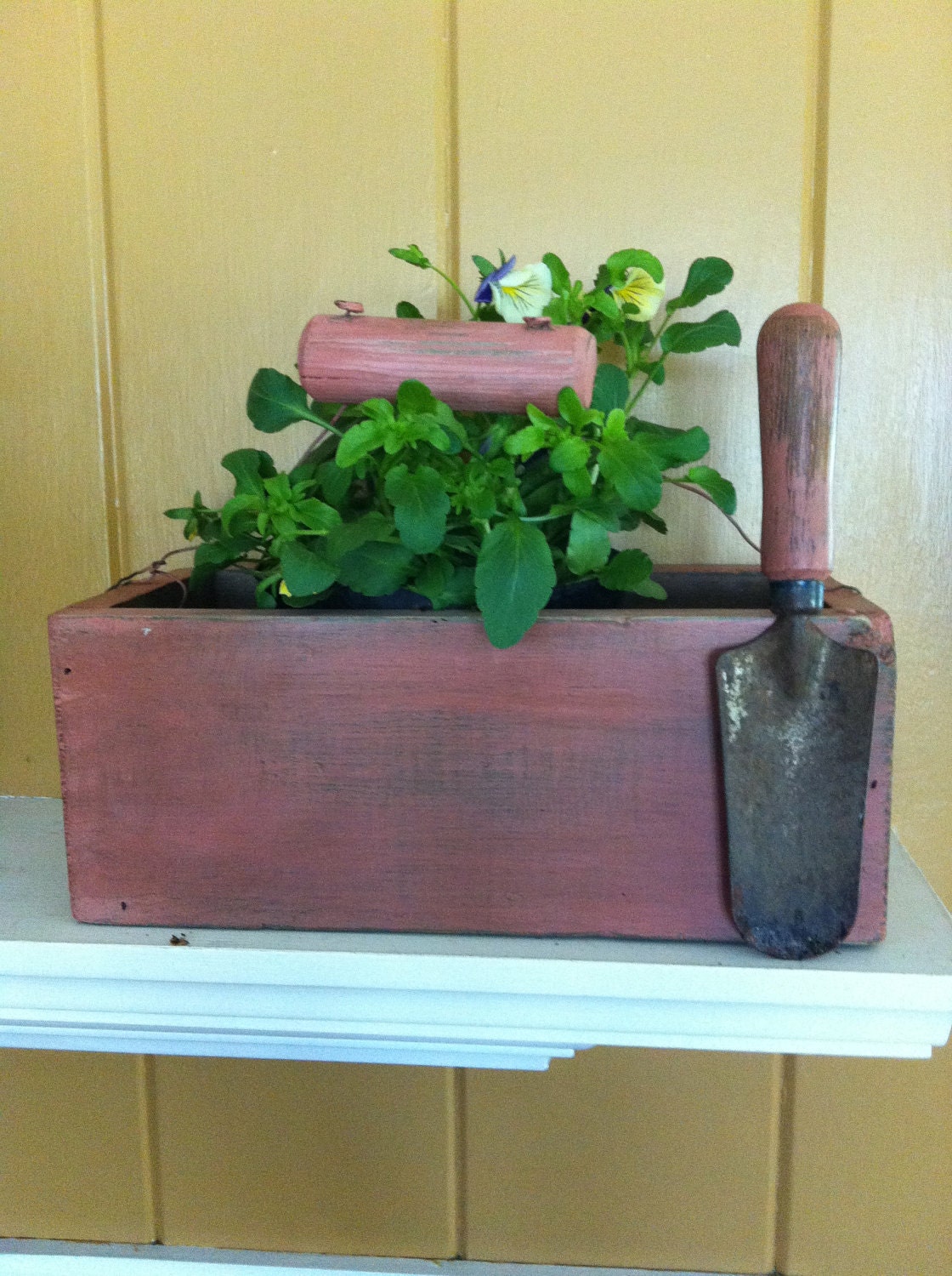 Box Rustic with Garden Trowel-Painted with Annie Sloans Scandinavian Pink Chalk  Paint- Distressed and Hand Waxed Planter Cottage Chic