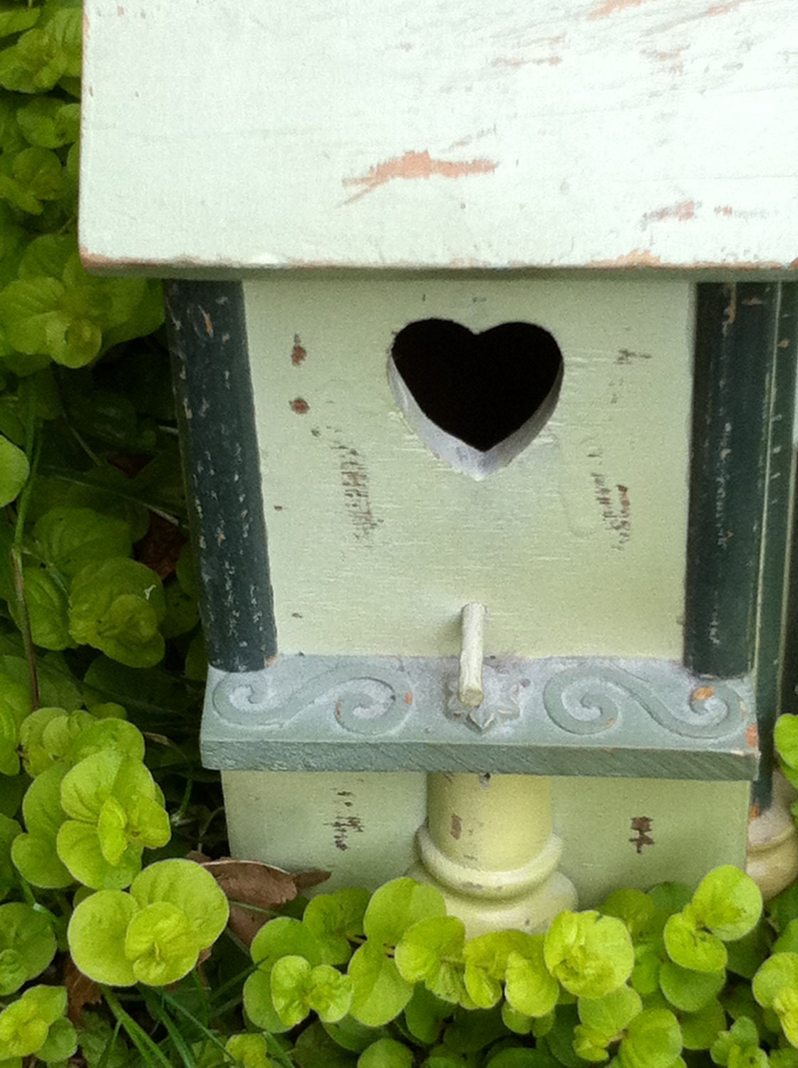 Birdhouse with Hearts and Wonderful Detail all Wood Chippy Paint and Painted with Blues Greens and Yellows