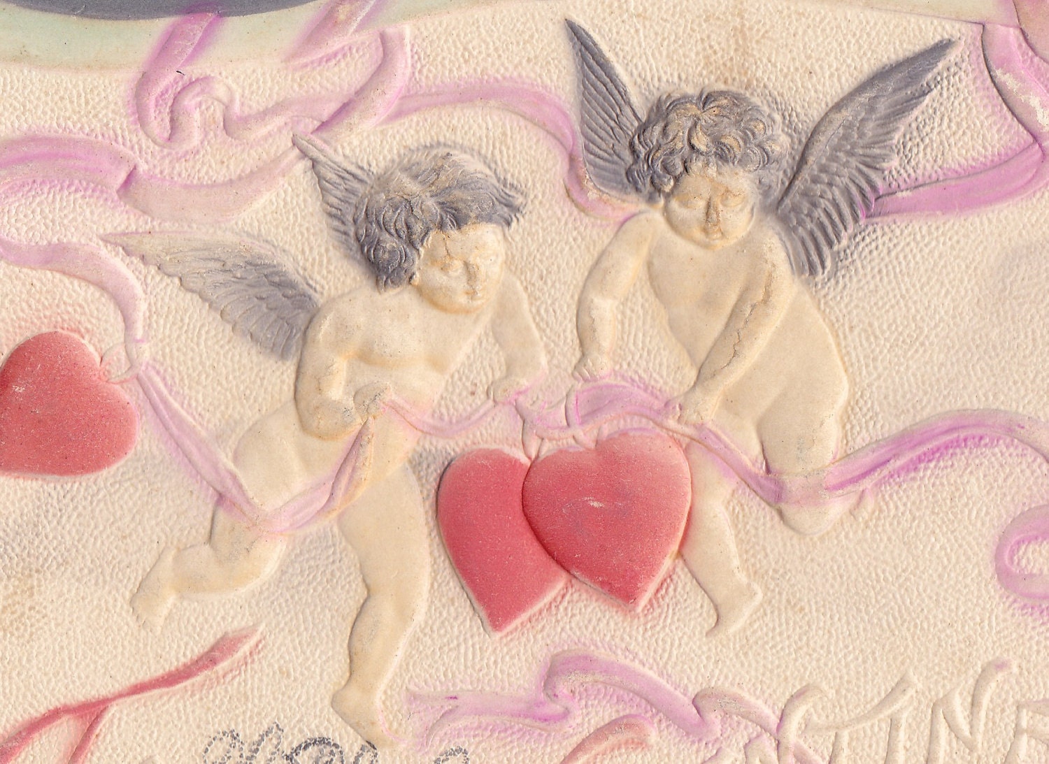 Antique Valentine Postcard 1911, Vivid Color, Cherubs Hearts Ribbons, 100 Years Old