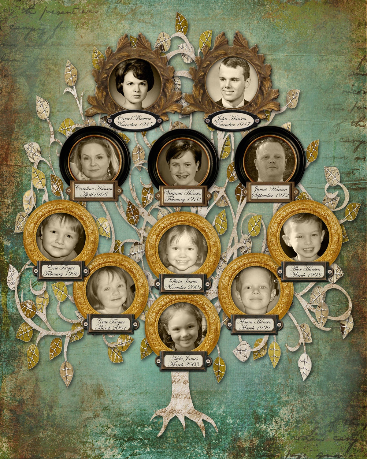 Personalized Family Tree Design- Custom Grandparents Descendants Tree with Photos - Blue