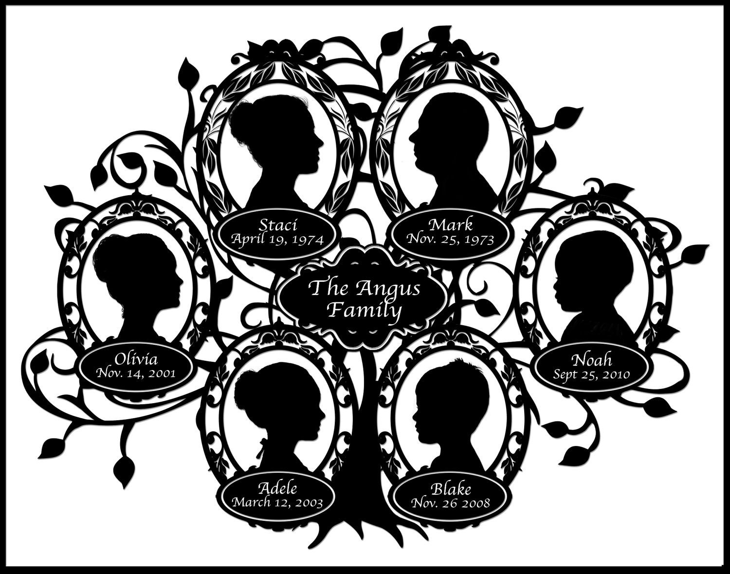 Family Tree of Six Silhouette - 6 Profiles - Landscape view