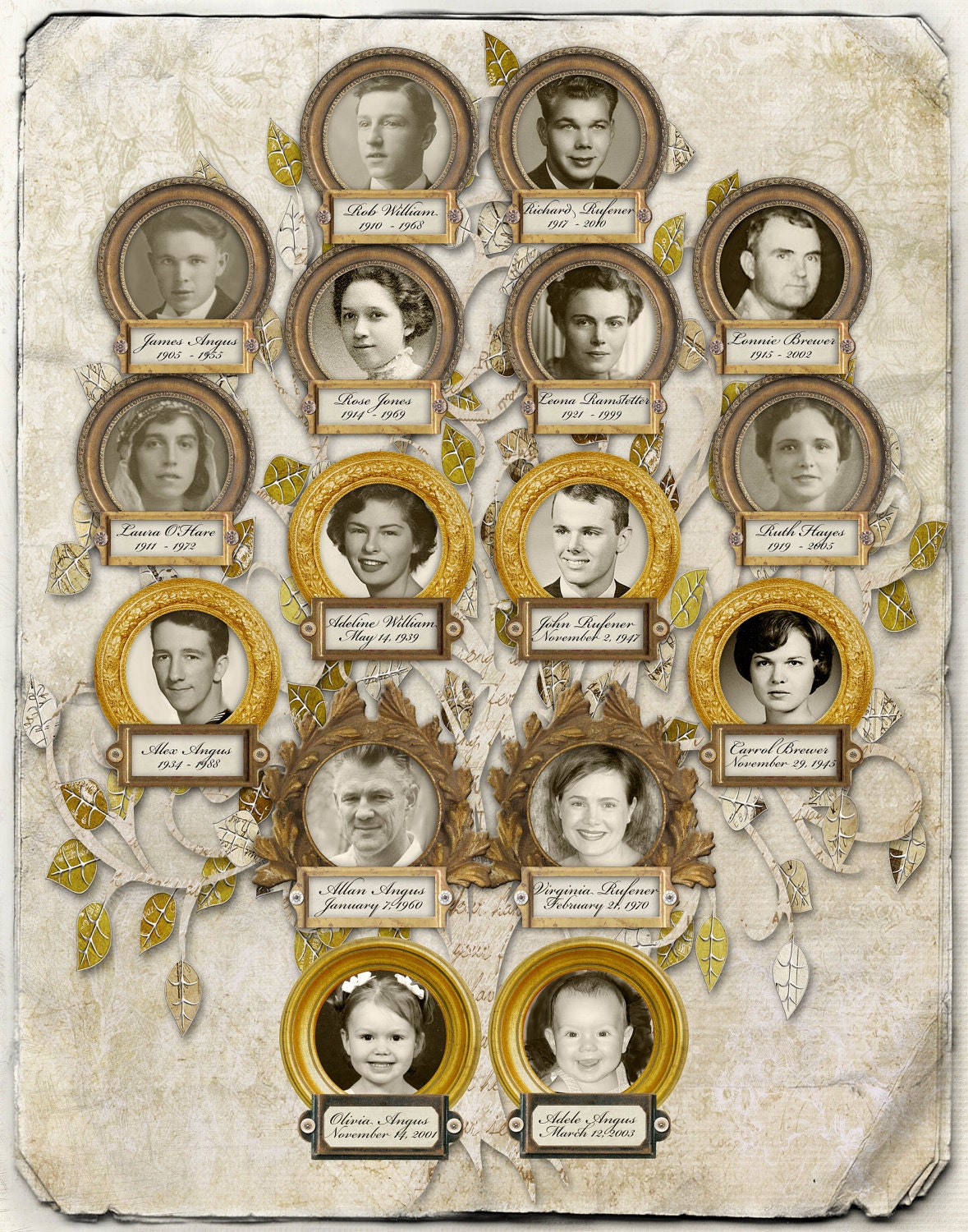 Custom Family Tree - Four Generation - 16 Person Tree with Photos in Tan