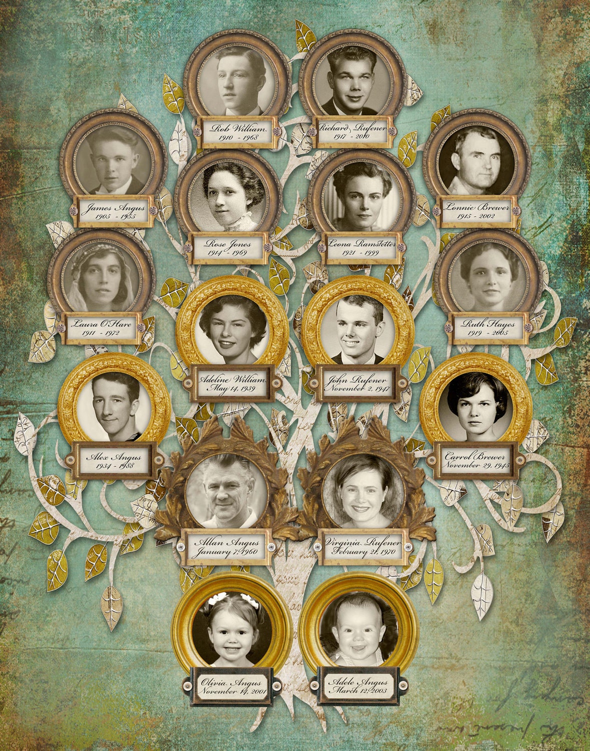 Custom Family Tree - Four Generation - 16 Person Tree with Photos in Blue