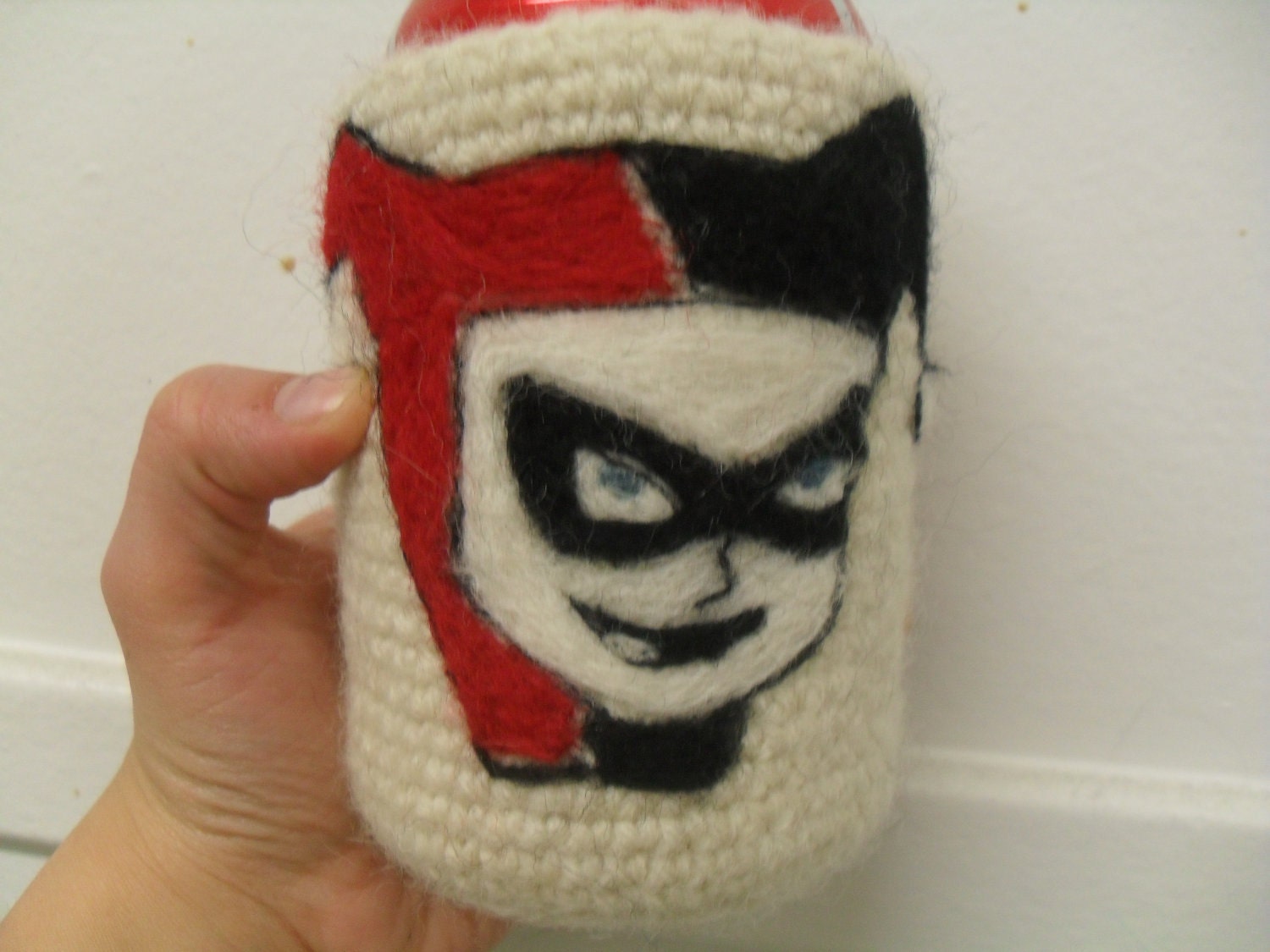 Harley Quinn needle felted can cozy/koozie