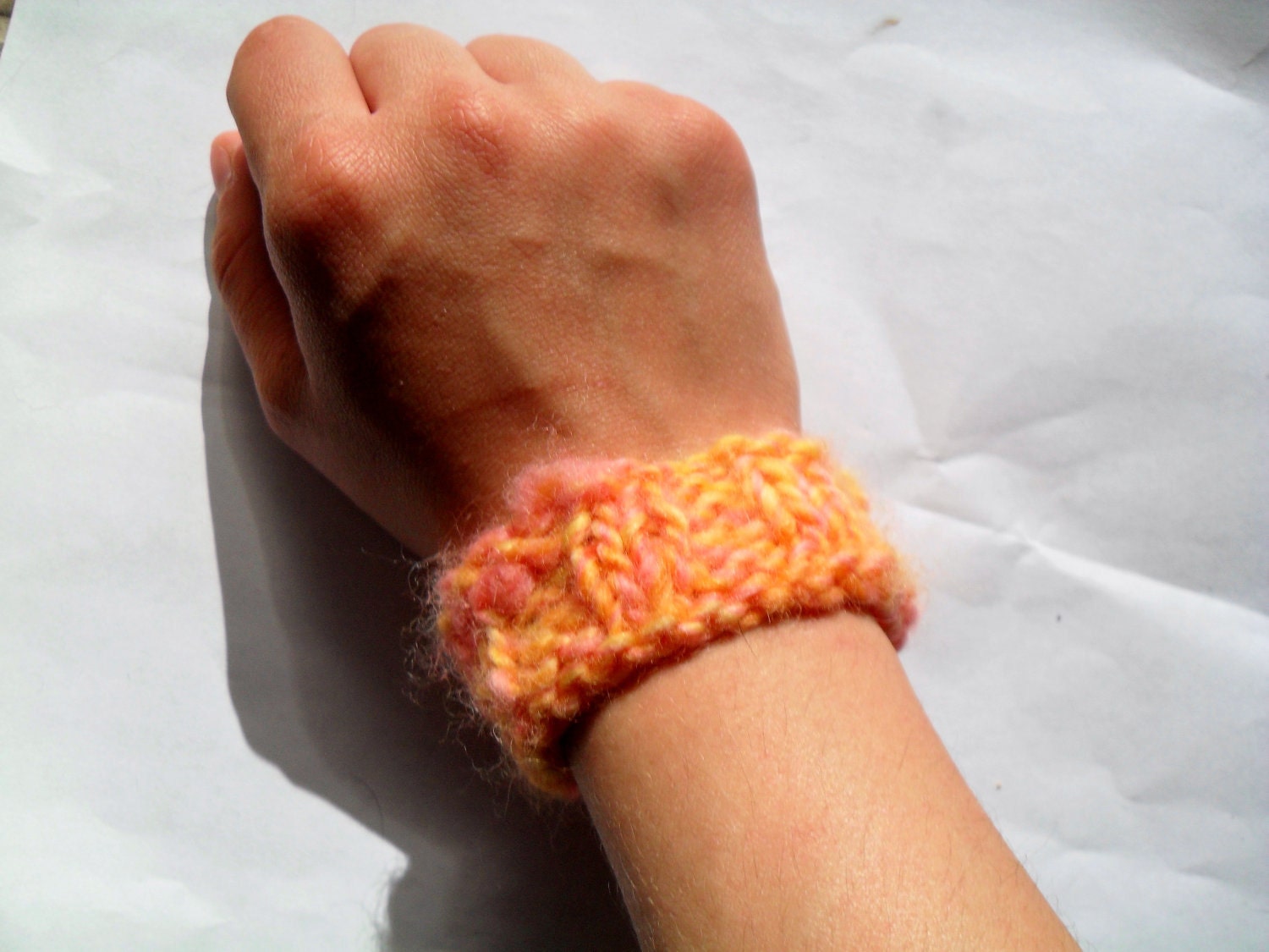 Handspun knitted wool bracelet citrus sherbet fluttershy