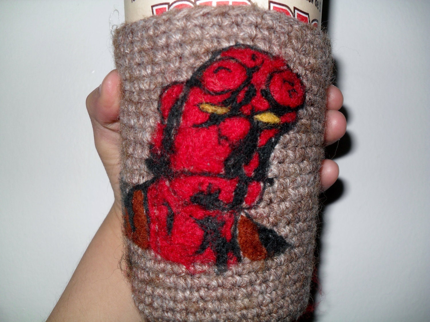 Needle felted Hellboy hot drink cozy