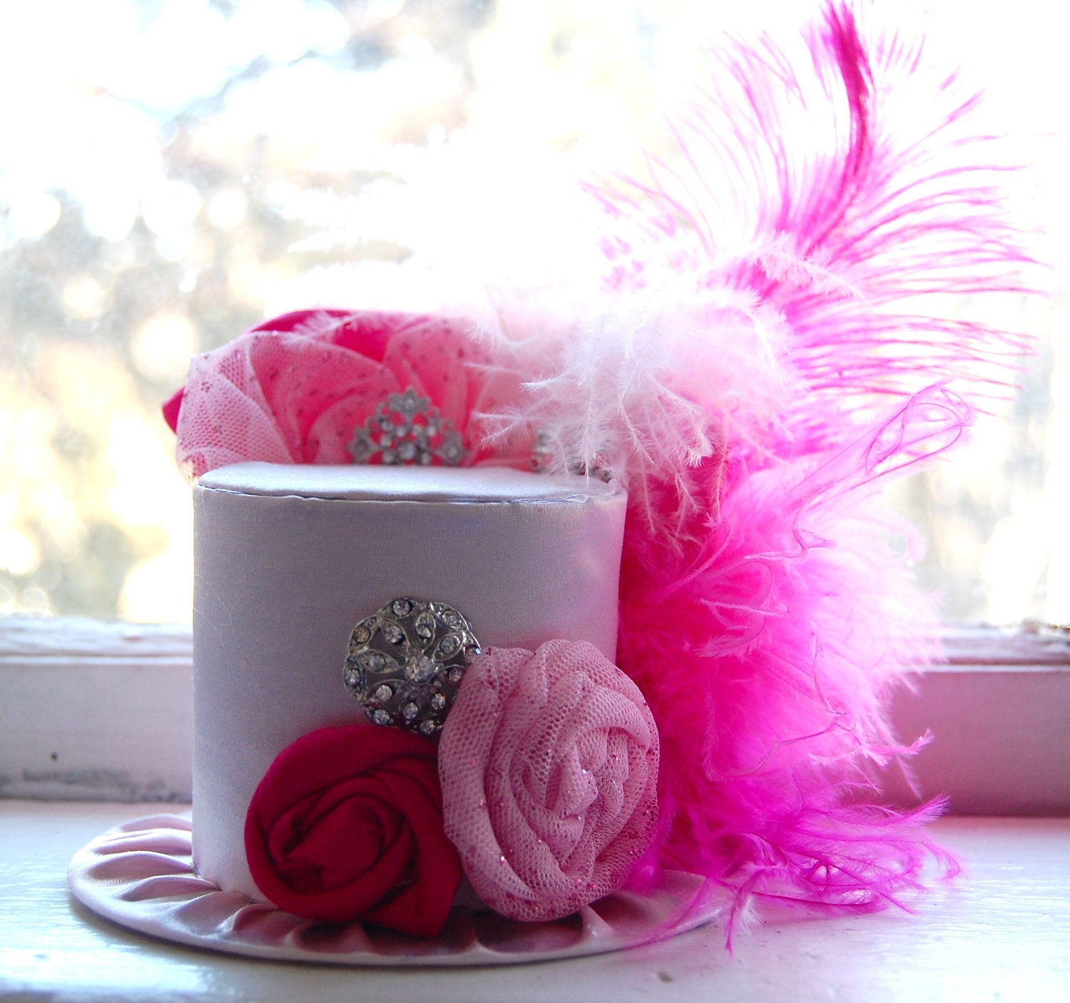 Mini Top Hat  Alice in Wonderland  Inspired - Baby Pink and Hot Pink Ostrich Feathers  - Birthday Hat Photography Prop