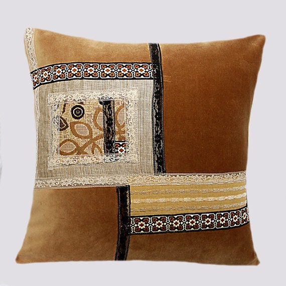 Decorative Throw pillow case, Beige mixed fabric  with applique, fits 18'x18" insert, Toss pillow case, Cushion case.