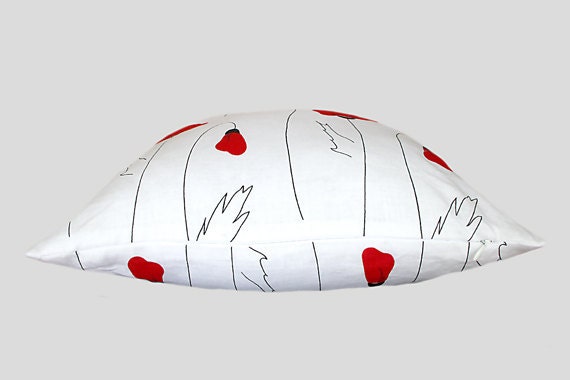 White Linen Throw pillow case with Red Poppies, Designer fabric, fits 18"x 18" insert, Toss pillow case, Cushion case.