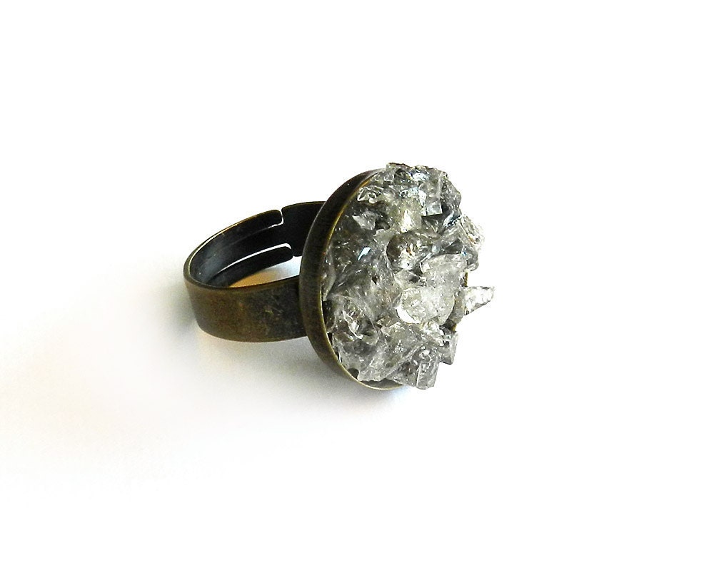 Herkimer Diamond Quartz Ring - Raw, Clear, Rough, Natural Druzy Chunk Cluster, Gemstone, Point, Adjustable Band, Ready to Ship