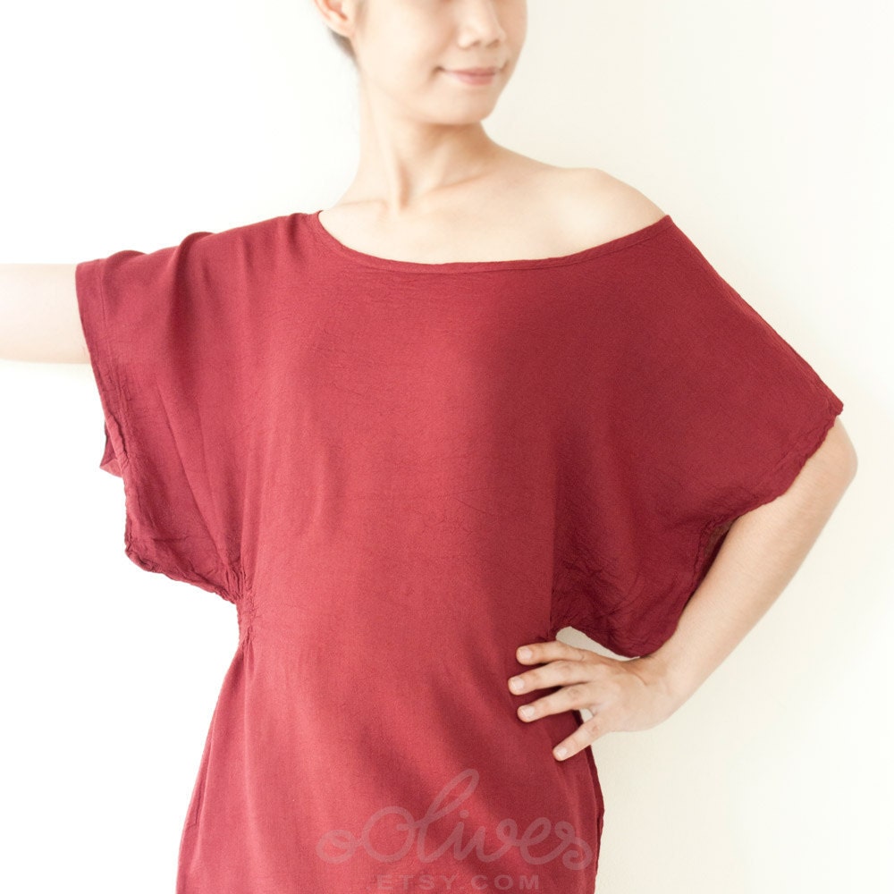 SALE.. Round Neck Cotton Ruffle Top in Red, Smocked Waist