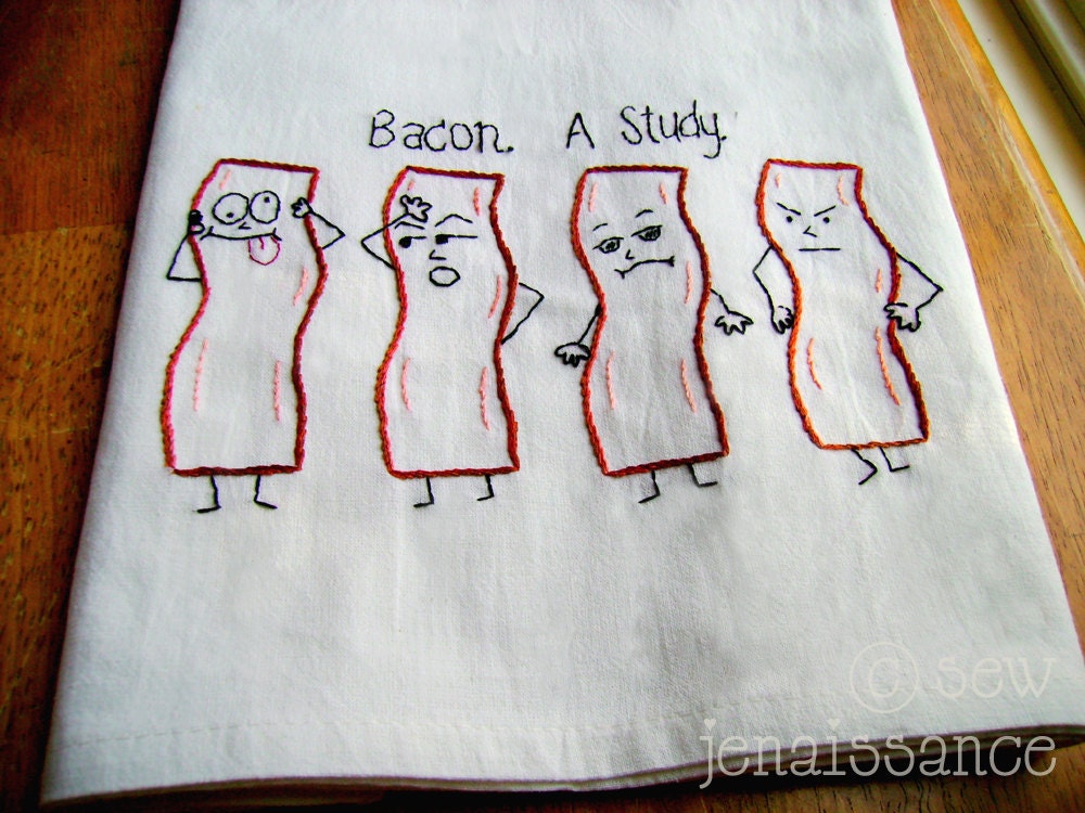 Embroidery PDF Pattern Emo Bacon Kitchen Tea Towel Design