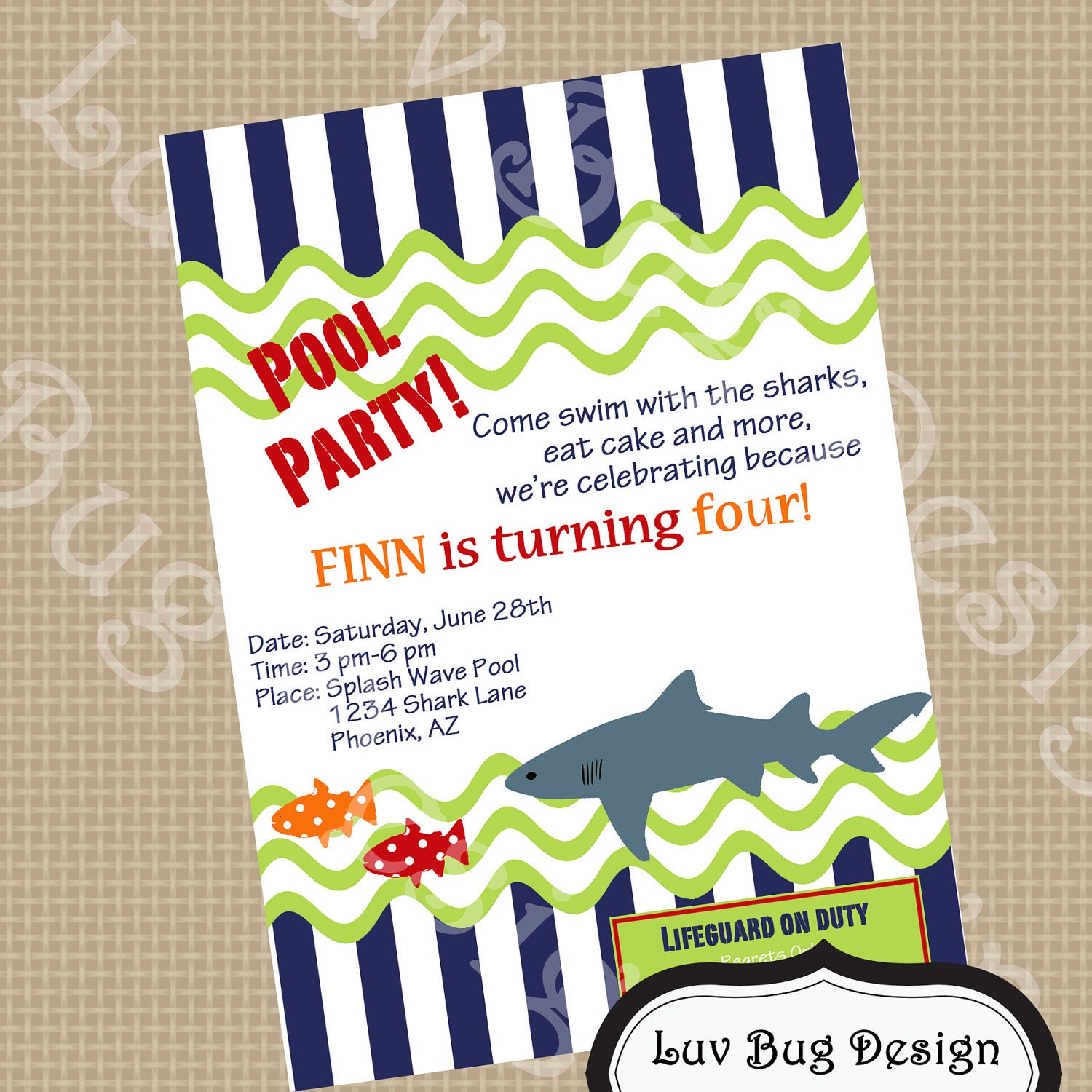 PRINTABLE Shark Pool Birthday Party Invitation- Printable party invitation by Luv Bug Design