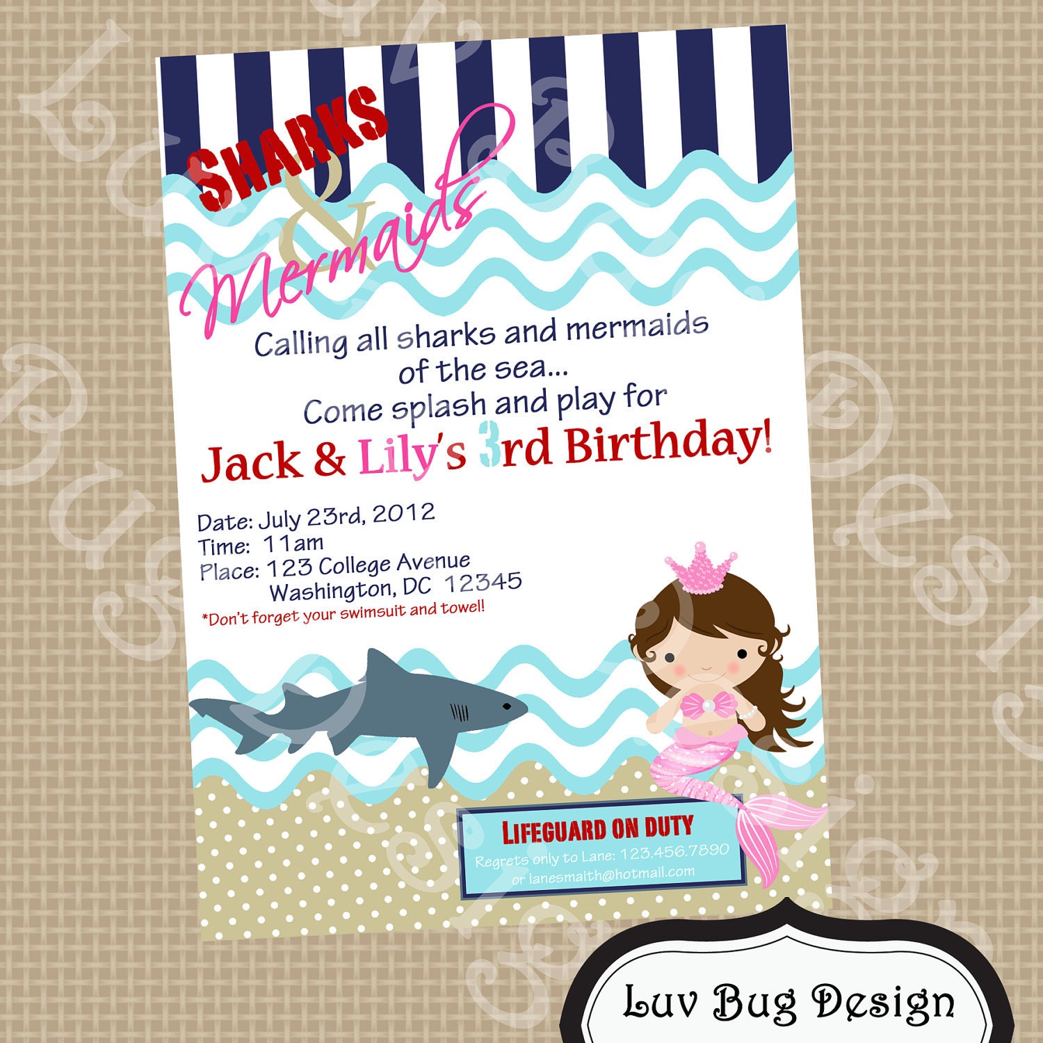PRINTABLE Sharks & Mermaids Birthday or Pool Party Invitation- Printable party invitation by Luv Bug Design