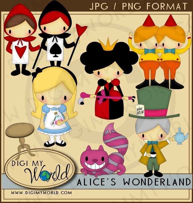 Alice in Wonderland - Alice, Chesire cat, Mad Hatter Clipart and graphics