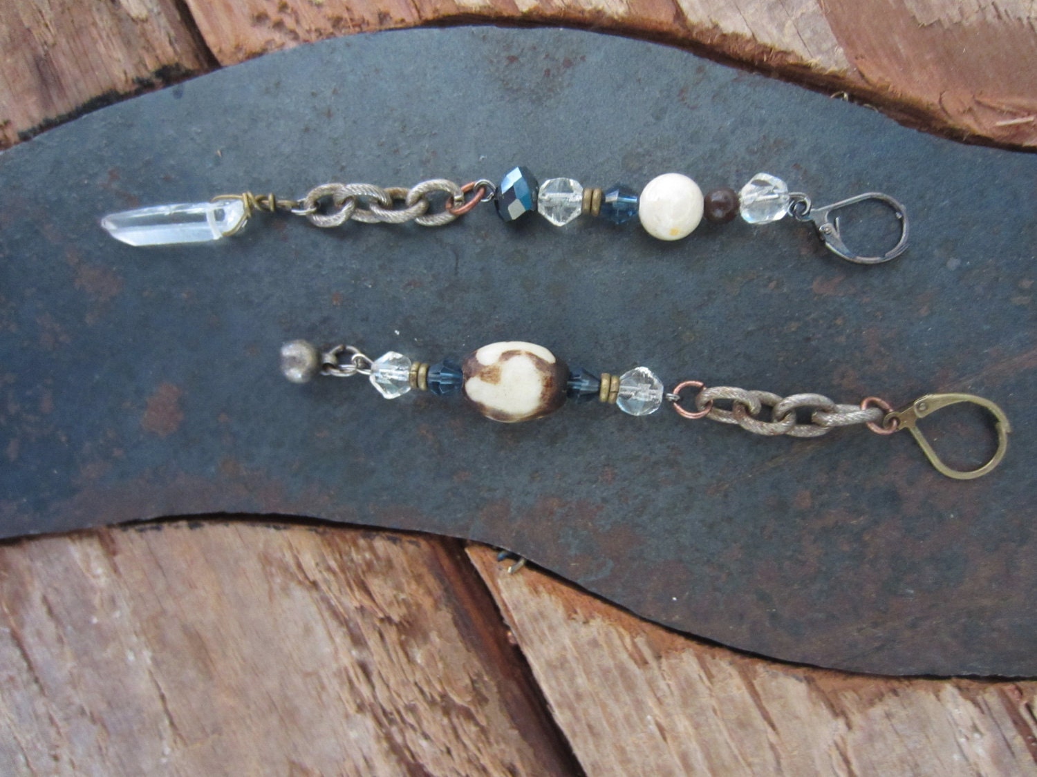 Blue Glass and Quartz Earrings