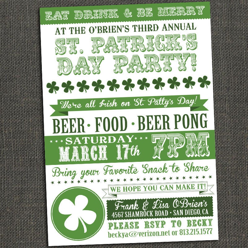 St. Patrick's Day Party Invitation -  Printable or Printed for you