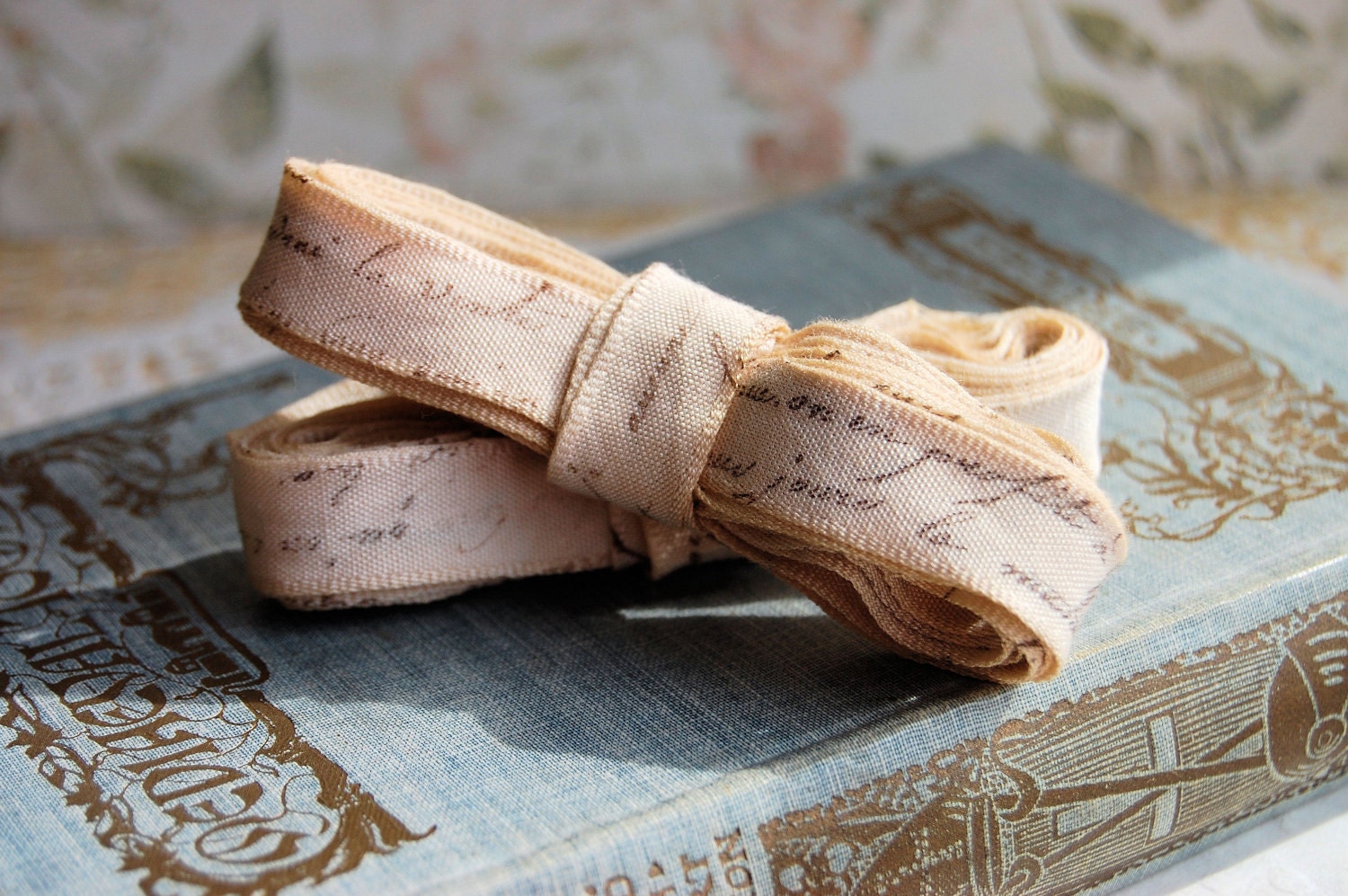 Hand Dyed and Stamped French Script Cotton Seam Binding Ribbon