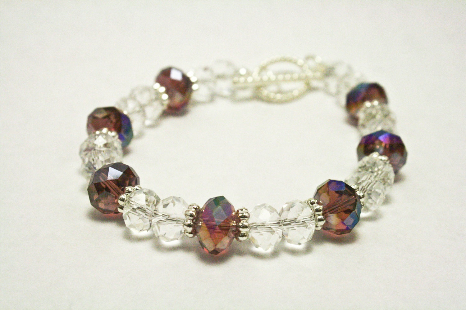 Purple and Clear Iridescent Fire Polished Glass Bracelet
