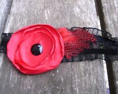 Red Poppy Headband with Red Feather Accent (Hair Accessory for Baby)