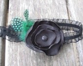 Black Poppy Headband with Green Feather Accent (Hair Accessory for Baby)