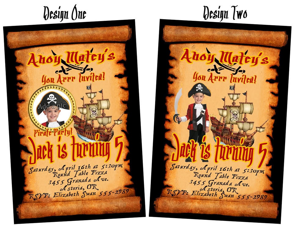 Pirate Party Theme Personalized Birthday Party Invitation with photo. Self print 4x6