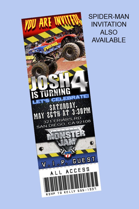 Monster Jam Truck Theme Personalized Birthday Party Ticket Invitations self print.