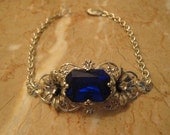 Sapphire Rhinestone Sterling Silver OX Bracelet Filigree Flower vintage inspired retro victorian blue wedding bridal bridesmaid prom
