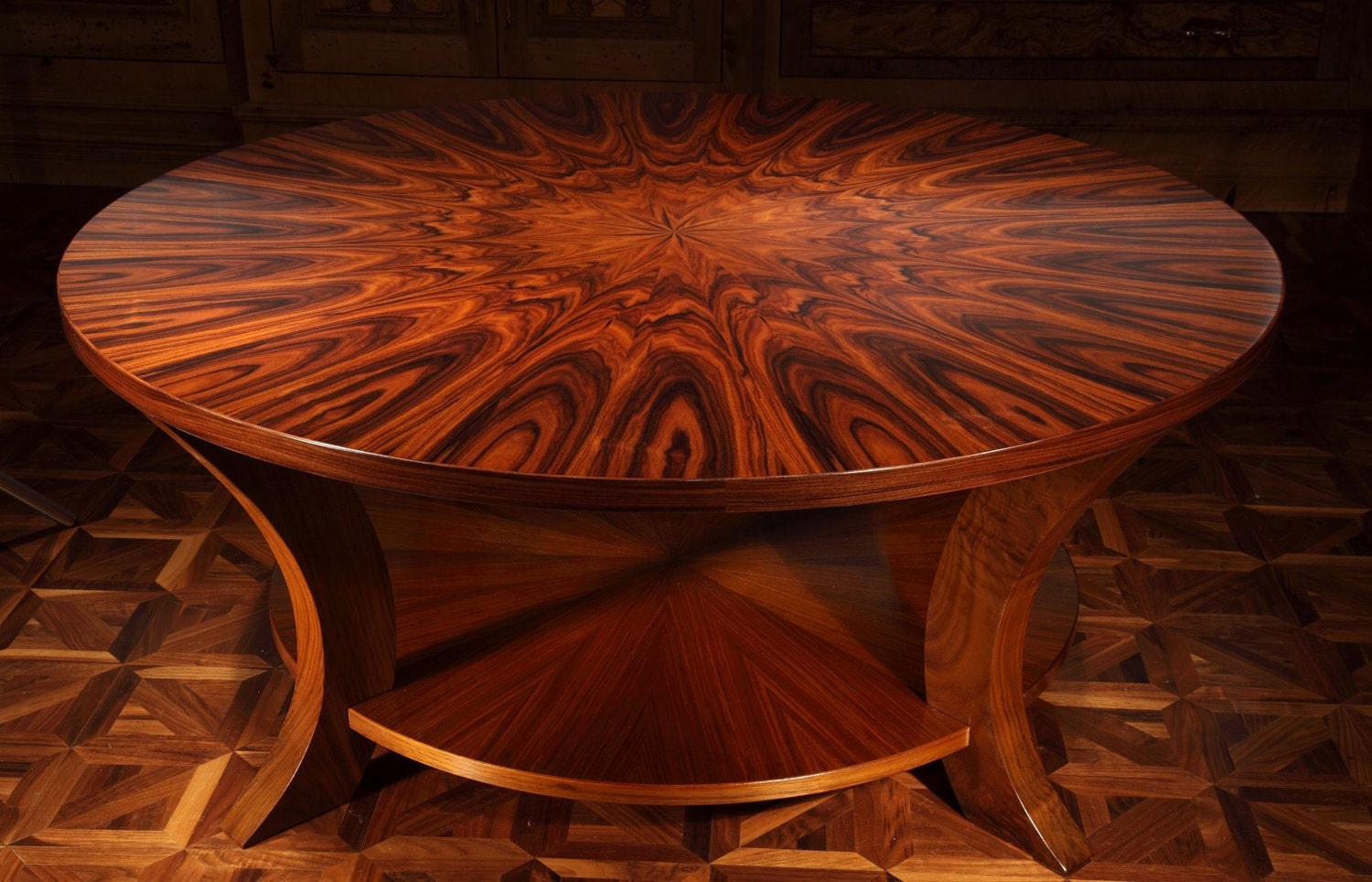 Coffee table, contemporary style in Santos Rosewood & Figured Walnut