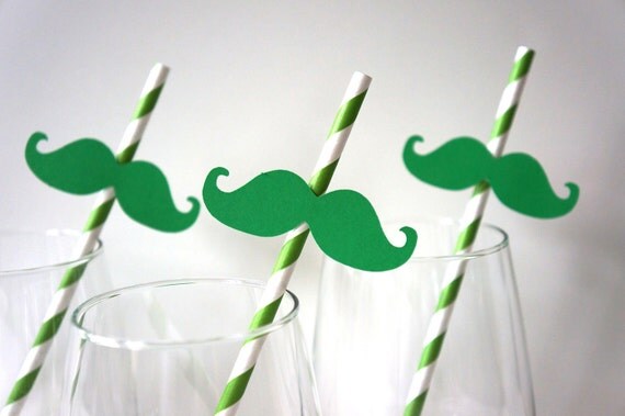 SALE - Photo Booth Props - St. Patrick's Day Straw Photo Props - Set of 5 - Green Mustaches on KELLY GREEN Striped Paper Straws