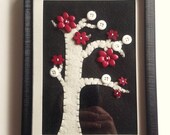 Flower Tree Art, Limited Edition Felted Wall Hanging, Red Black White Framed Felt Button Flower Forest, OOAK 3D Summer Spring Fiber Art