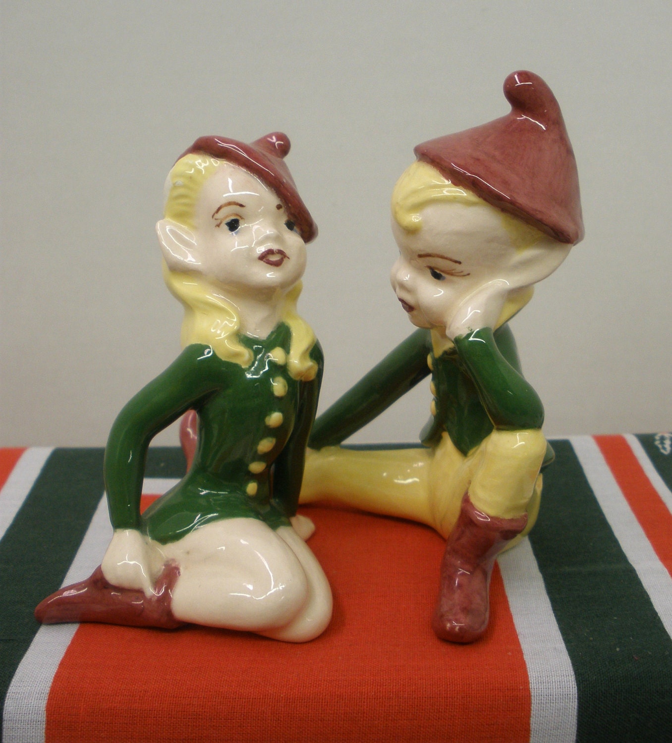 Lusty Little Vixen Pixie Elf and Her Man . Vintage 1950s . Hunter Green and Cranberry . Super Cute Christmas