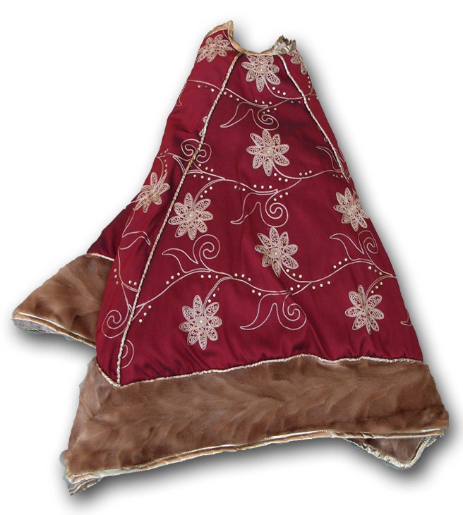 Luxurious Mink-Trimmed, Gold-Embroidered Maroon Taffeta Christmas Tree Skirt