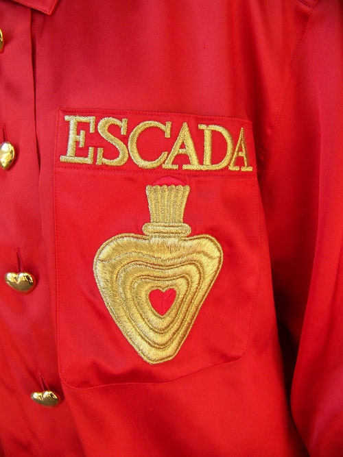 Vintage ESCADA logo blouse silky Perfume Rep's wear couture Margaretha Ley embroidered logo size 36