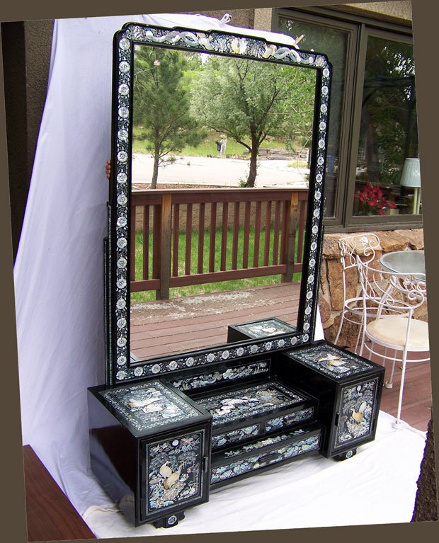 Chinoiserie cheval mirror 70" mother of pearl abalone inlay black lacquer pier floor Hollywood Regency Japanese Korean Chinese