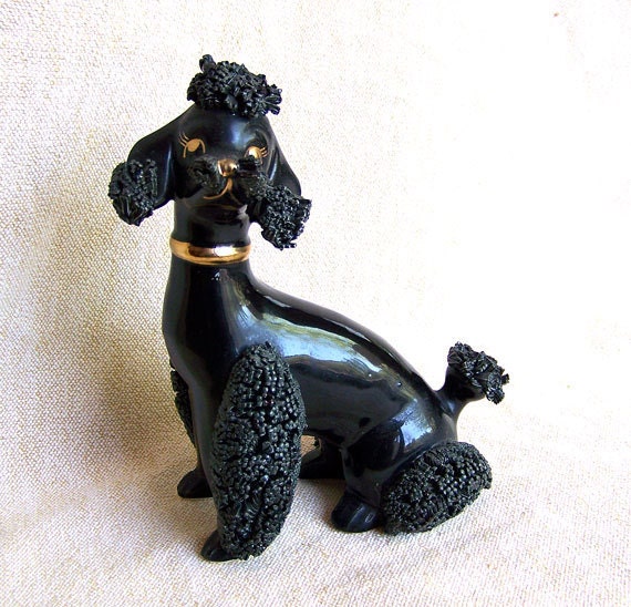 Black spaghetti poodle dog figurine spaghetti porcelain china show dog gold gilt decor 1950s