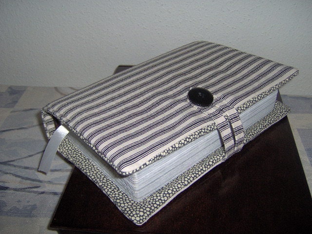 Gorgeous Beige, Black Stripe Design Bible Cover (with Button Closure/ Ribbon Marker)