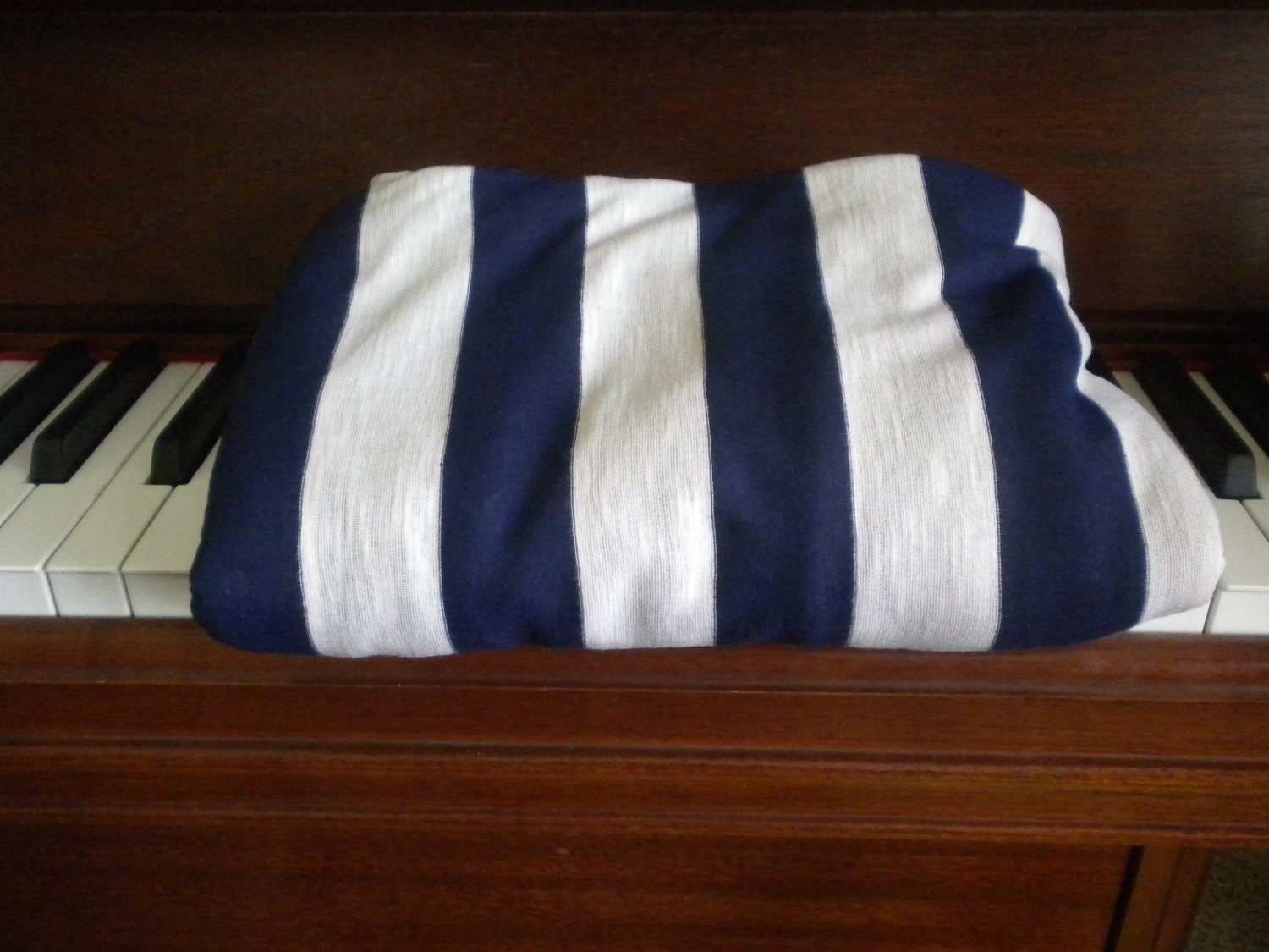 Navy Blue and White Striped Knit Fabric