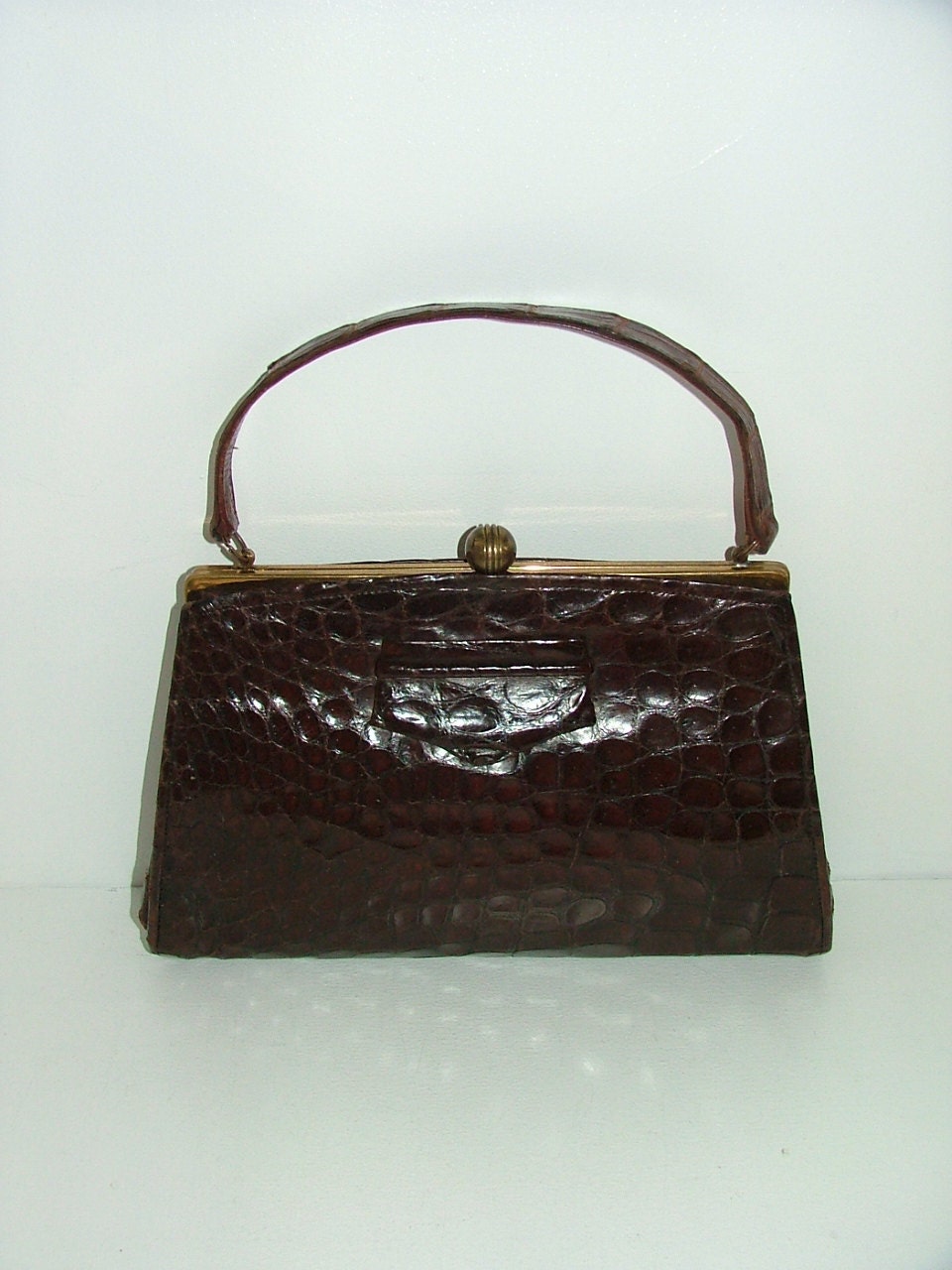 Vintage 30s 40s real crocodile skin leather medium kelly handbag or clutch bag
