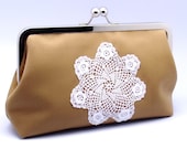 White flower Pattern on light brown - Large Clutch Purse (L-088)