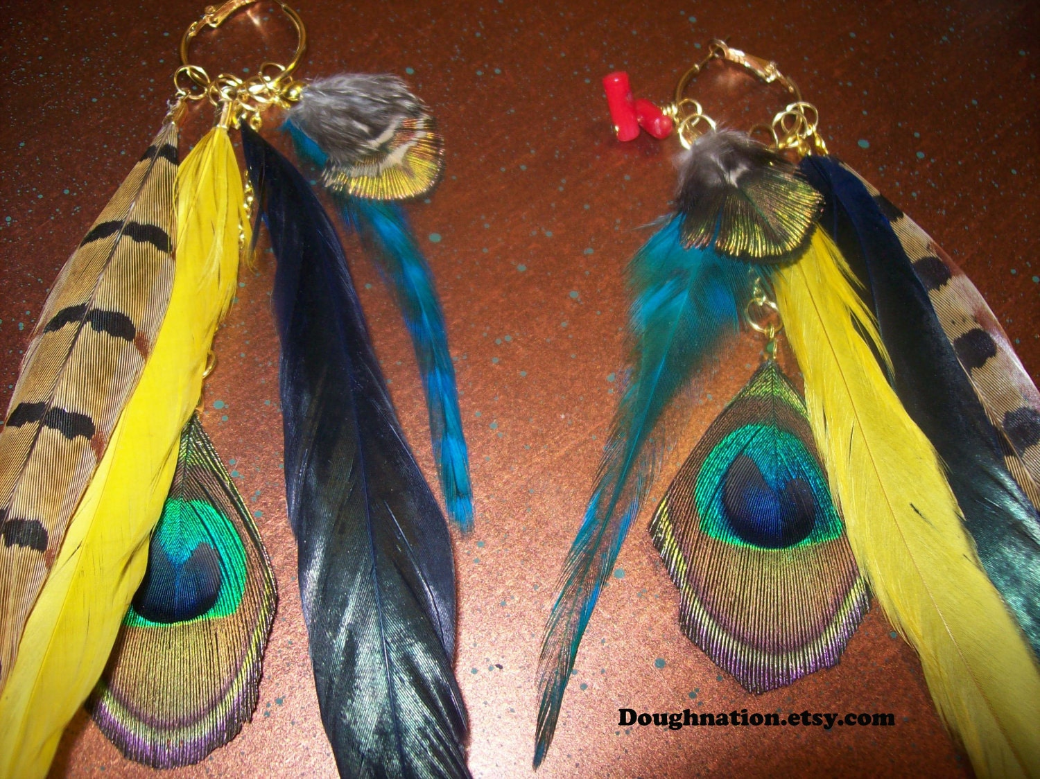 Asymmetrical Safari Feather Earrings w/ Coral Beads