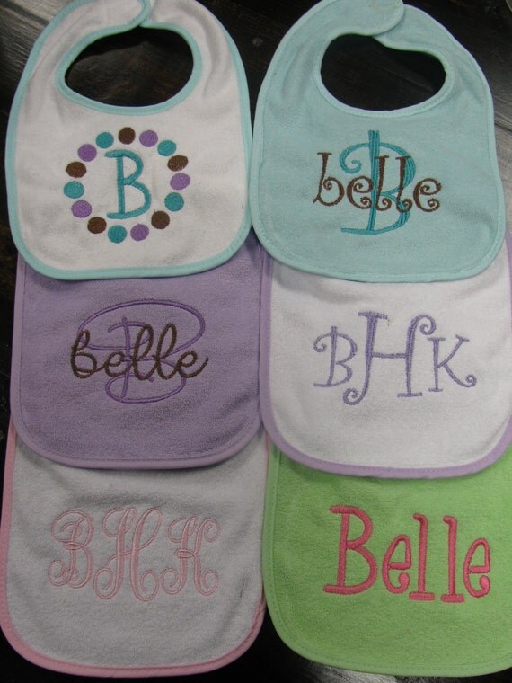 Set of three monogrammed bibs--you choose design