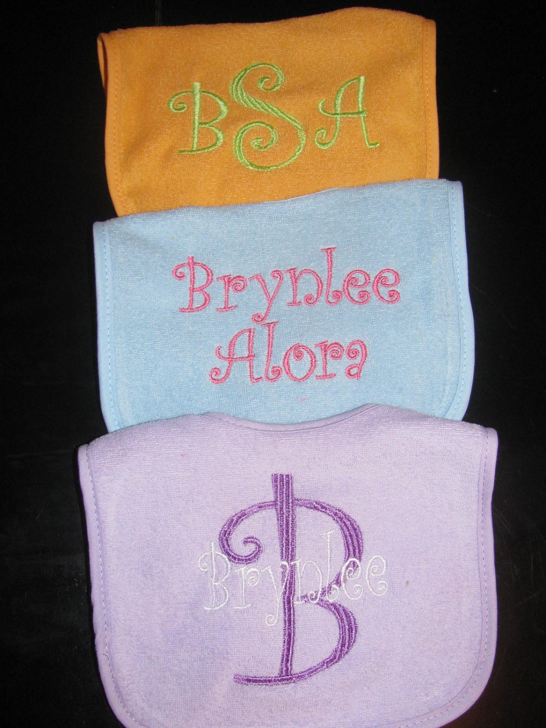 Set of three monogrammed bibs--you choose design