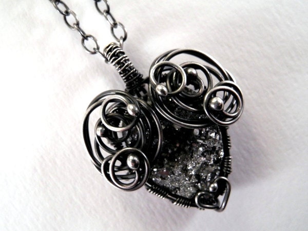 Ooak heart PENDANT grey and silver QUARTZ druise cabochon natural gemstone with sparkle FREE shipping