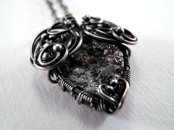 Ooak heart PENDANT grey and silver QUARTZ druise cabochon natural gemstone with sparkle FREE shipping
