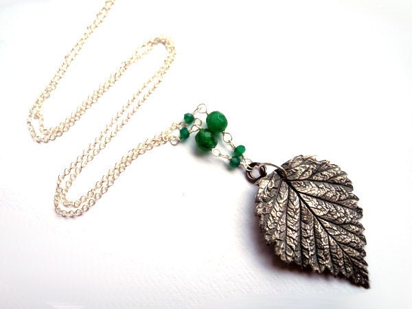 Silver Leaf Necklace - Botanical Natural Leaf handmade of Silver - Emerald Green Onyx Necklace - Woodland Forest Green - Elvish Fairy Pagan
