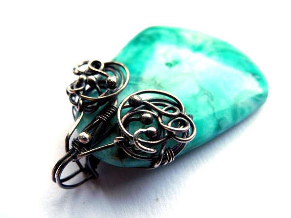 Jasper silver pendant, natural stone, mint green turquise pastel, aqua water, big necklace wire wrapping unique fashion
