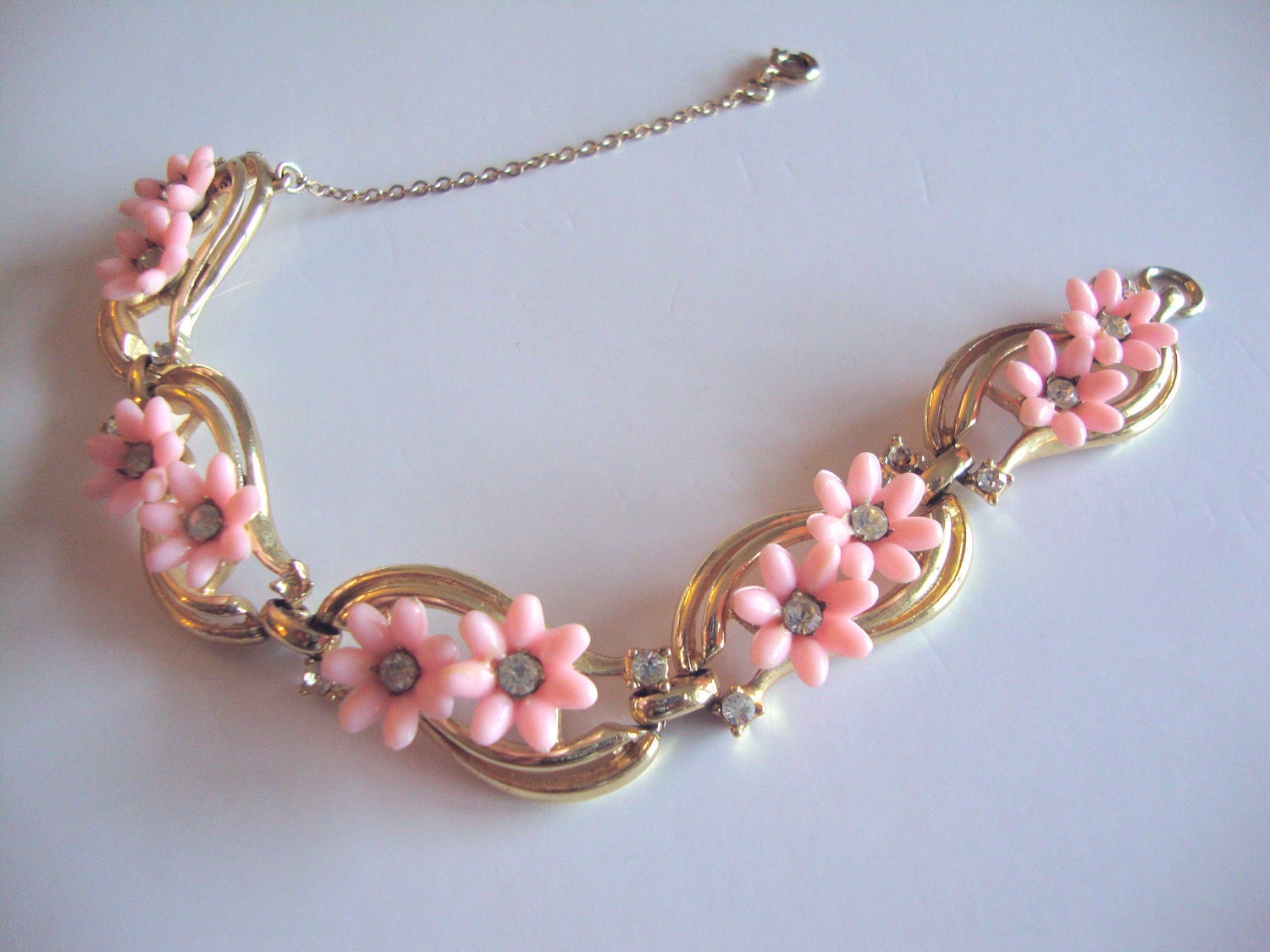 Pink Flower Vintage Link Bracelet Signed Coro