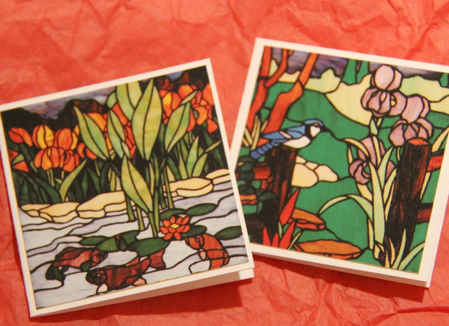 Stained Glass Mini Cards or Gift Tags (set of 6) koi in pond, blue jay - SandrasCardShop